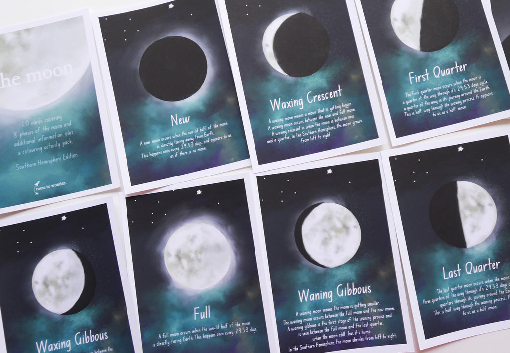 Moon Phase Printable Flashcards and Learning Activity Pack - Southern Hemisphere Edition